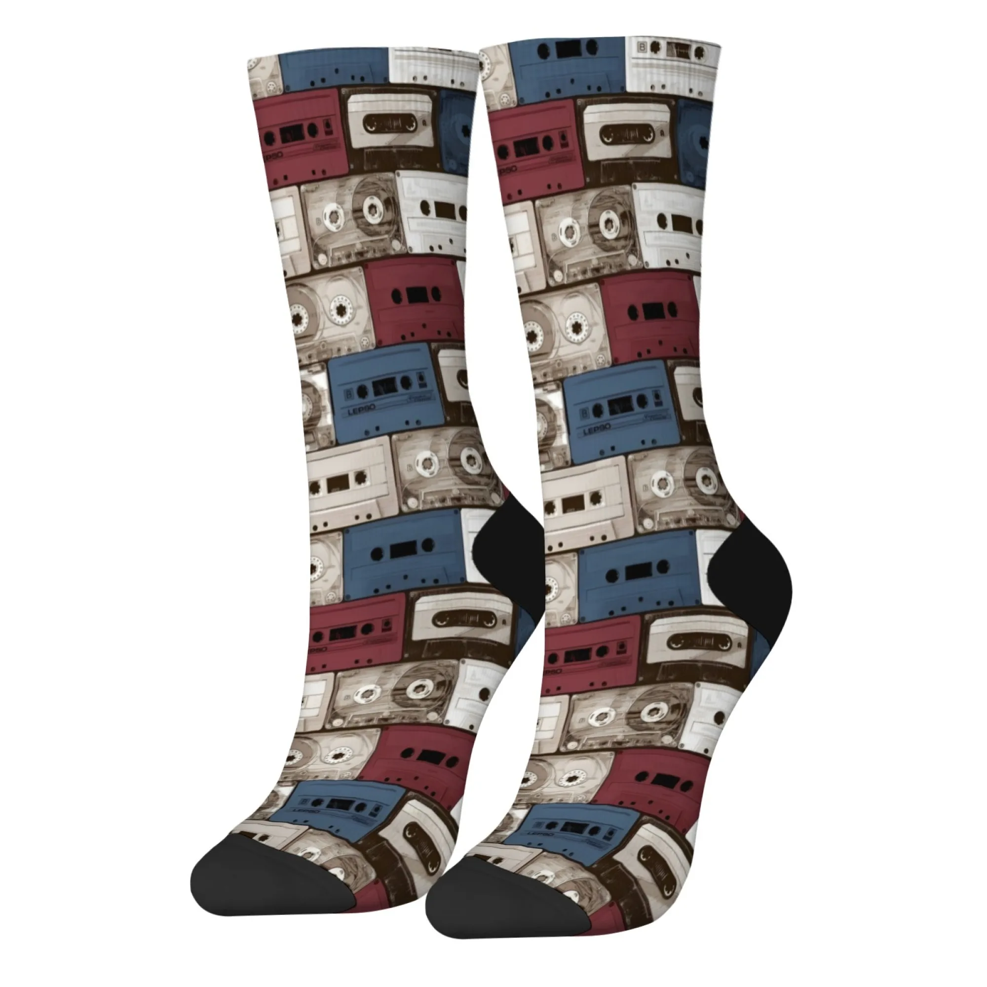 ถุงเท้าผู้ชายลายวินเทจ ดีไซน์เครื่องเล่นเทปคาสเซ็ต ไอเดียของขวัญสำหรับงานเทศกาลดนตรี ถุงเท้าข้อสั้นผ้าโพลีเอสเตอร์สไตล์เรโทร นุ่มและทนทาน