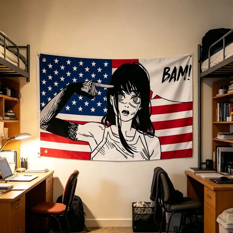 Anime Girl Against the Knife BAM Wandteppich mit amerikanischer Flagge, Action-Wandkunst für Schlafzimmer, Wohnheim, Musik, Esports-Raum – Detail 3