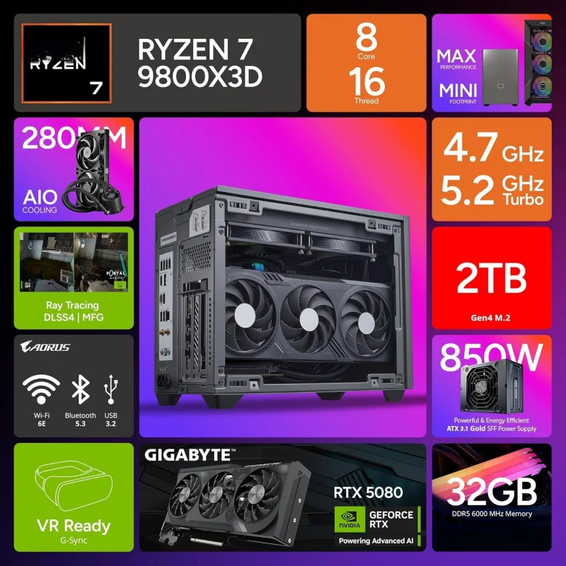 كولر ماستر NR2 Pro Mini ITX – RYZEN 7 9800X3D 4.7 جيجا هرتز (5.2 جيجا هرتز توربو) |   جيجابايت RTX 5080 16 جيجابايت وB850I AORUS PRO |   32 جيجابايت د