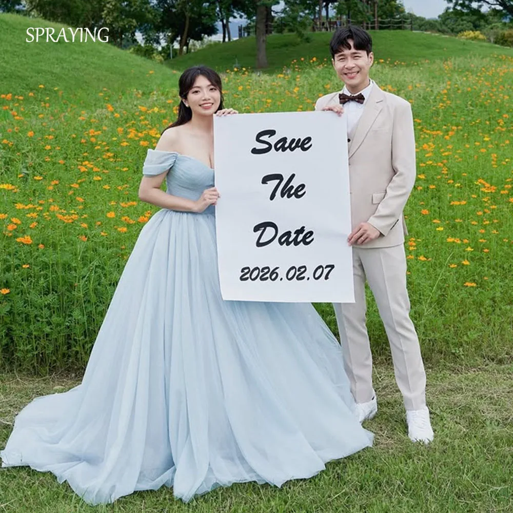 スプレー染めブルーチュールイブニングドレス韓国ウェディングフォト撮影VネックオフショルダーパーティードレスAラインロングコルセットカスタムメイド2026