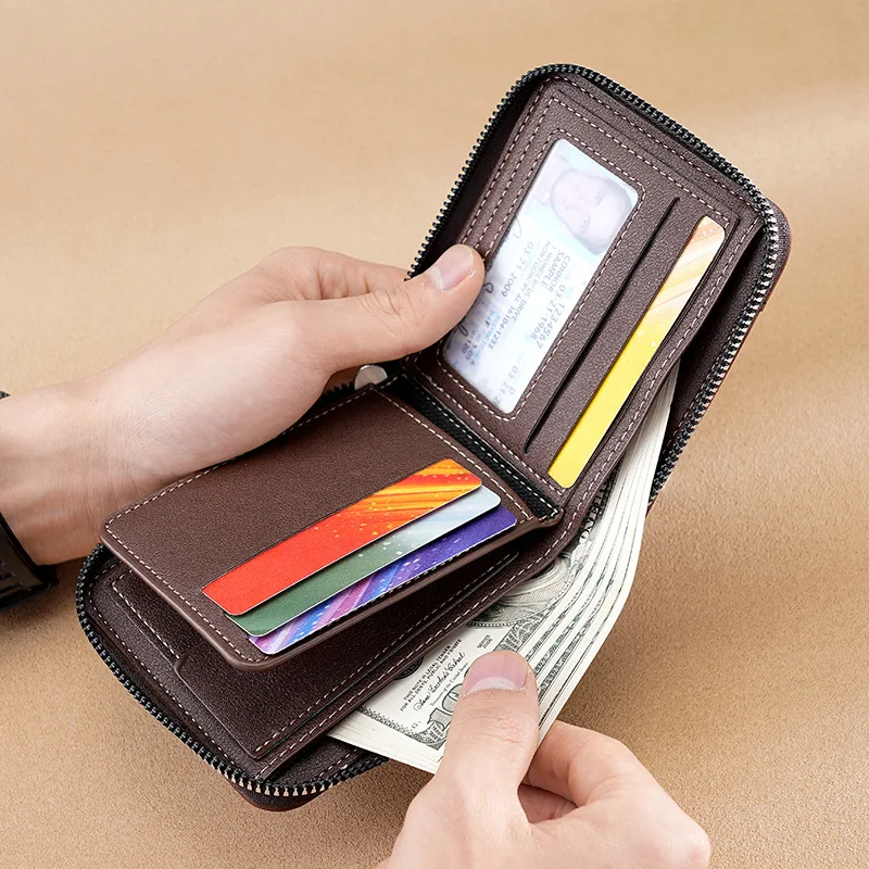 محفظة رجالية عتيقة - حافظة بحامل للعملات المعدنية والبطاقات بسحاب، طراز صغير قصير متعدد الوظائف مع تصميم مدمج أنيق المحفظة #3