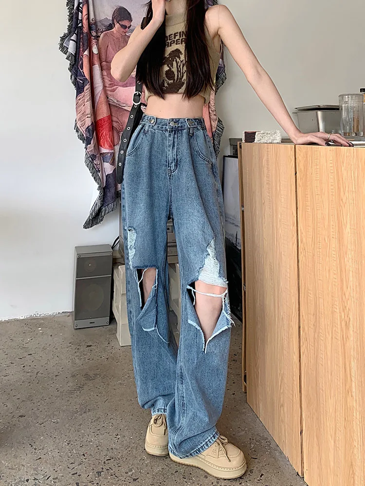 

Ripped Jeans Women Wide Leg Chic Fashion High Waist Popular Ins Loose Summer Korean Style Casual Students Simple New Streetwear