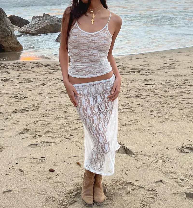 Women y2k Skirt Sets Suit 2Pcs Suit Lace Flower See Through Sleeveless Camisole + Wrapped Midi Skirt Summer Beach Outfits New