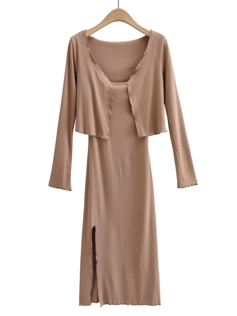 エレ・ロング・ドゥル ウールダー・アウル オープンカーディガン ツーピースセット セクシー エラスティック ウッド・エイン サイドスリット ストラップガウン