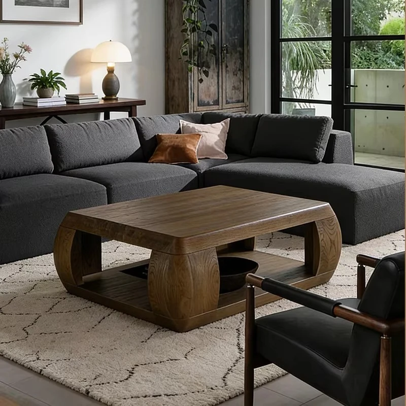 

wq-Solid Wood Coffee Table with Curved Side Panels and Open Storage Natural Oak Finish for Modern Living Rooms Mesa De Centro^