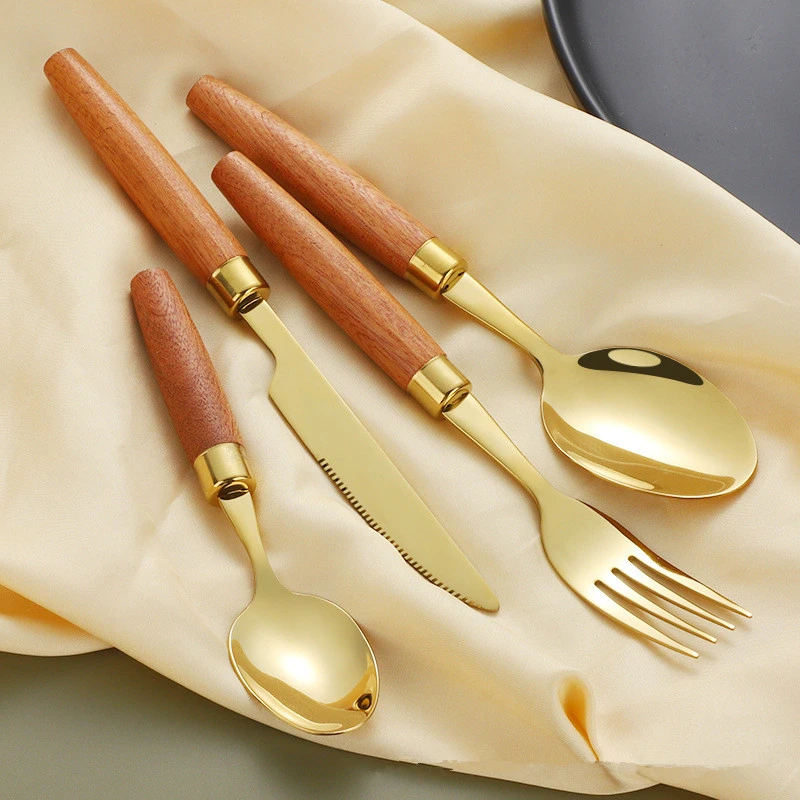 4 Pcs Cutlery Set with Wooden Handles Gold Stainless Steel Knife Fork Spoon Teaspoon Dinnerware Set Tableware Kitchen Utensils