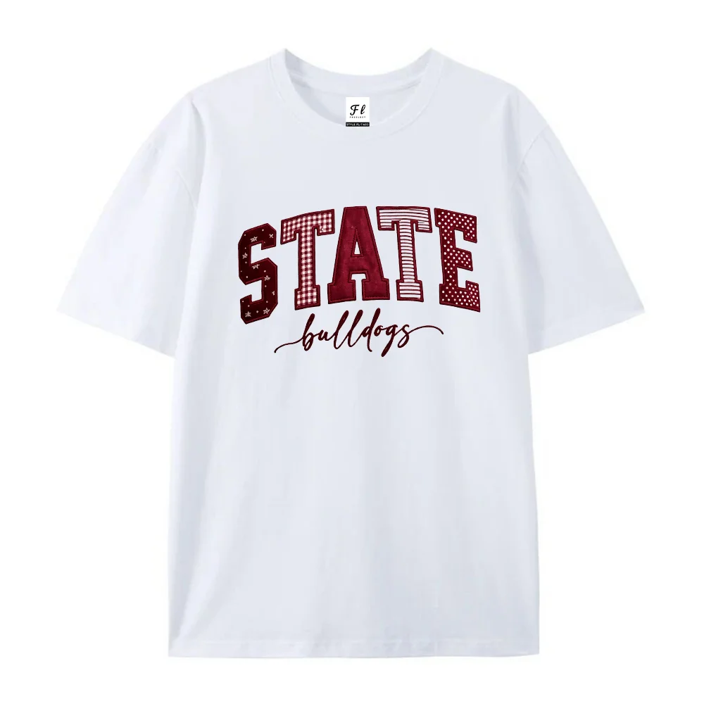Women State Bulldogs T Shirt White Red Plaid Letter Print Vintage College Style Tee Casual Summer Top Sporty Graphic Tee