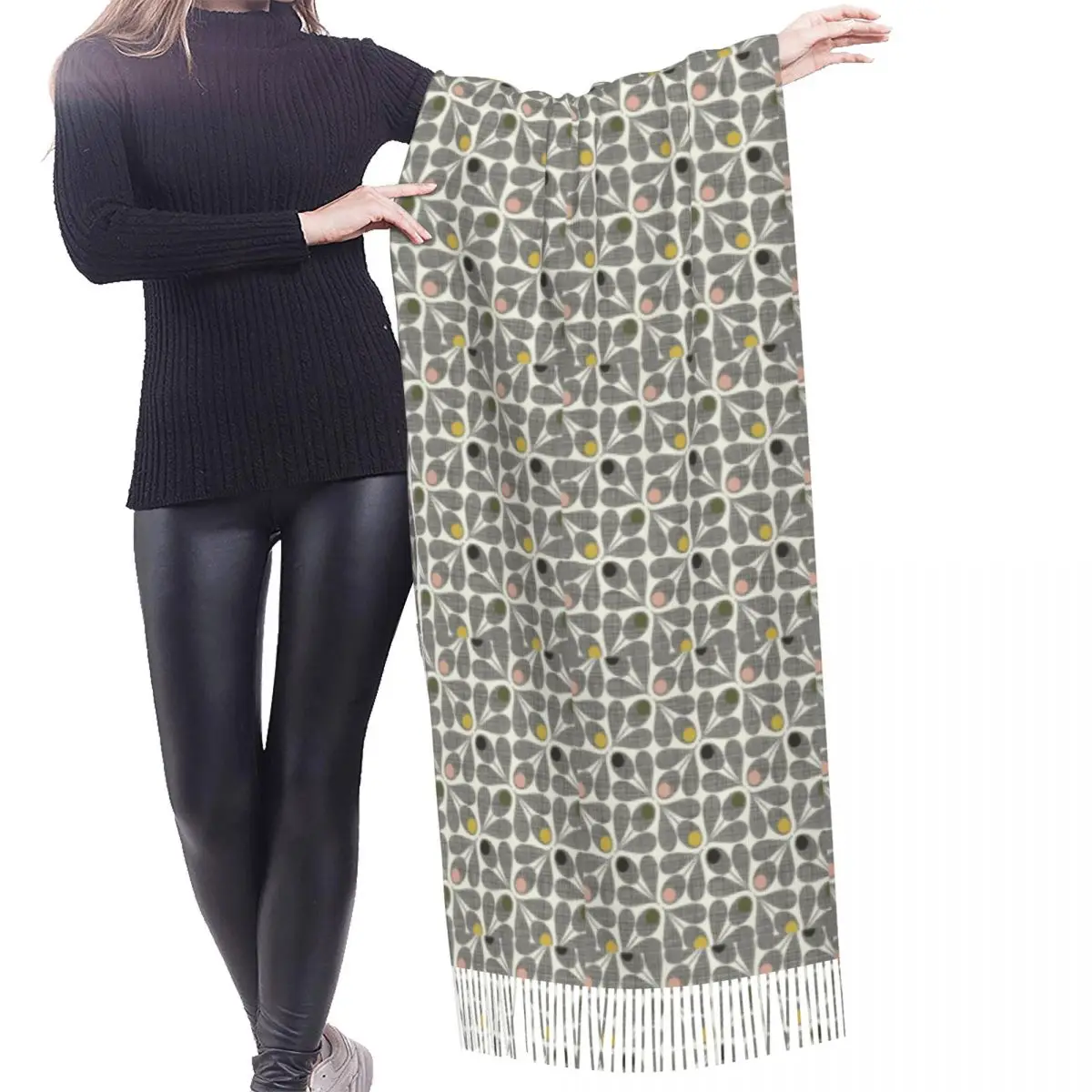 Custom Orla Kiely Gray Floral Tassel Scarf Women Soft Abstract Scandinavian Flowers Shawls Wraps Winter Fall Versatile Scarves