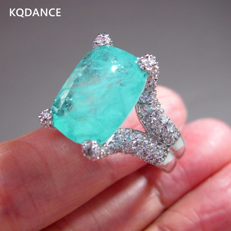 KQDANCE Cushion Cut Created Paraiba Tourmaline Emerald Gemstone Diamond Rings With Big Yellow Green Blue Stone Jewelry Women