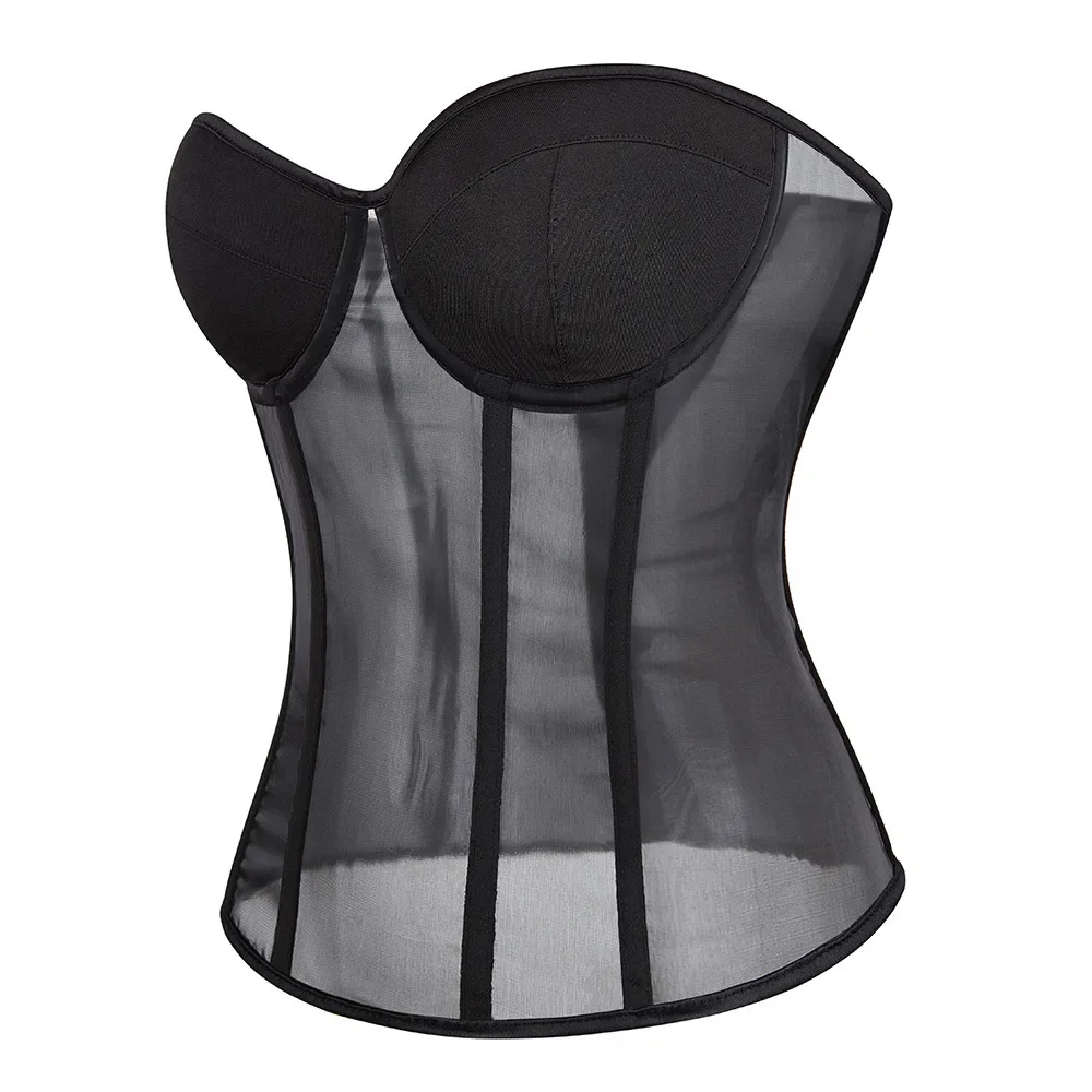 Women\'s Evening Corset Overbust With Bra Lingerie Transparent Mesh Breathable Lace Up Corsets Woman Top Black Bustier