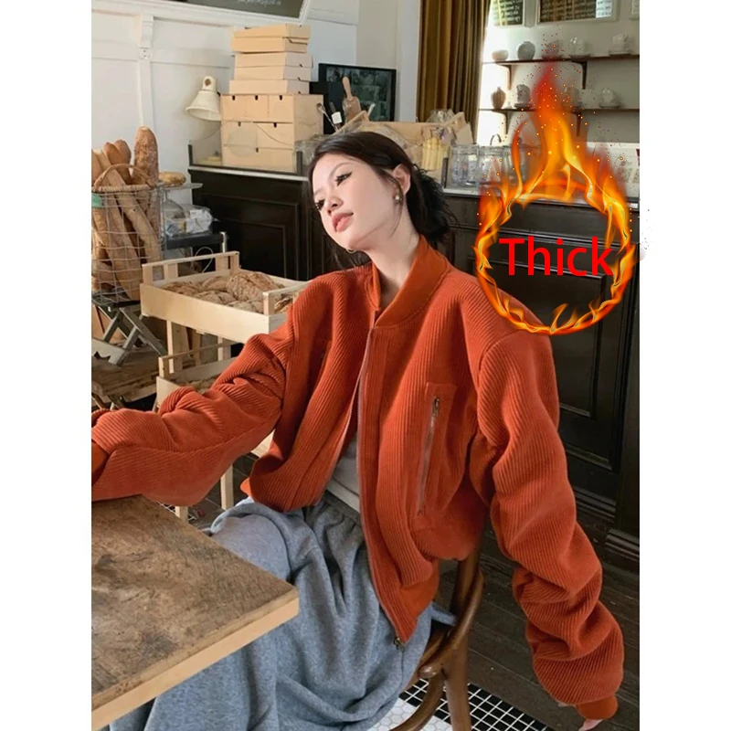 

Vintage Corduroy Jacket Women Harajuku Cropped Black Quilted Coats Autumn Winter Streetwear Korean Stand Long Sleeve Outerwears