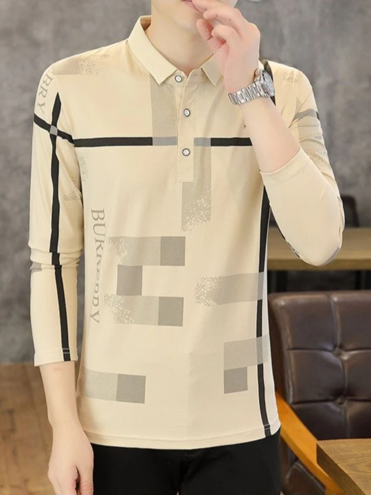 

Модная хлопковая рубашка-поло премиум-класса с длинными рукавами для мужчин, облегающий топ с лацканами на весну и осень, универсальный топ в корейском стиле ​