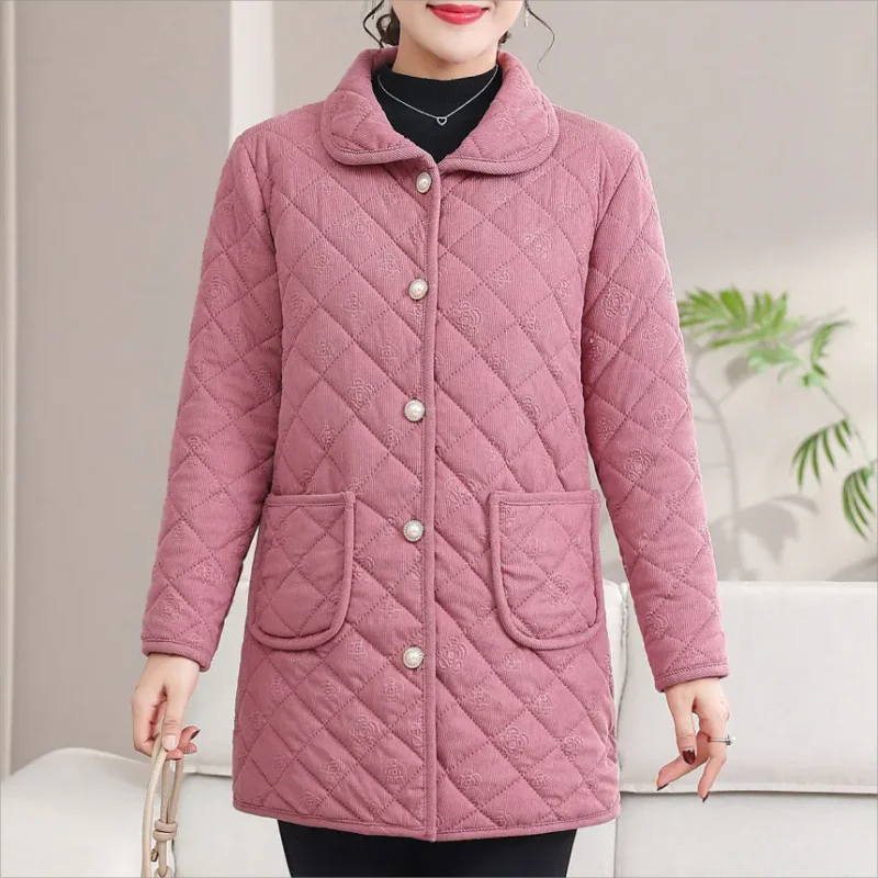 Add Velvet Coat Female Tops Middle Aged Women\'s Mid-Length Cotton-Padded Jackets Winter Warm Cold-Proof Overcoat