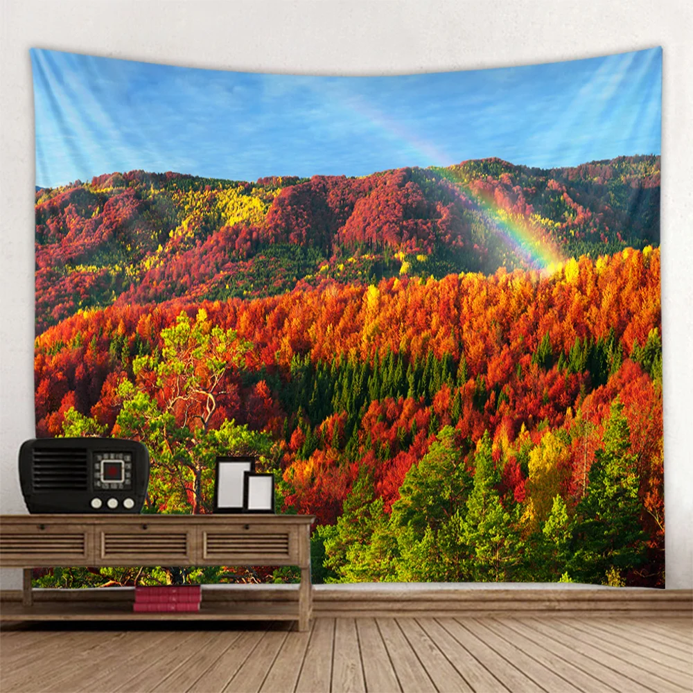 Tapiz de cielo de bosque rojo, cascada de jungla, colgante de pared, decoración artística bohemia para el hogar, Mural de tela, póster de fondo