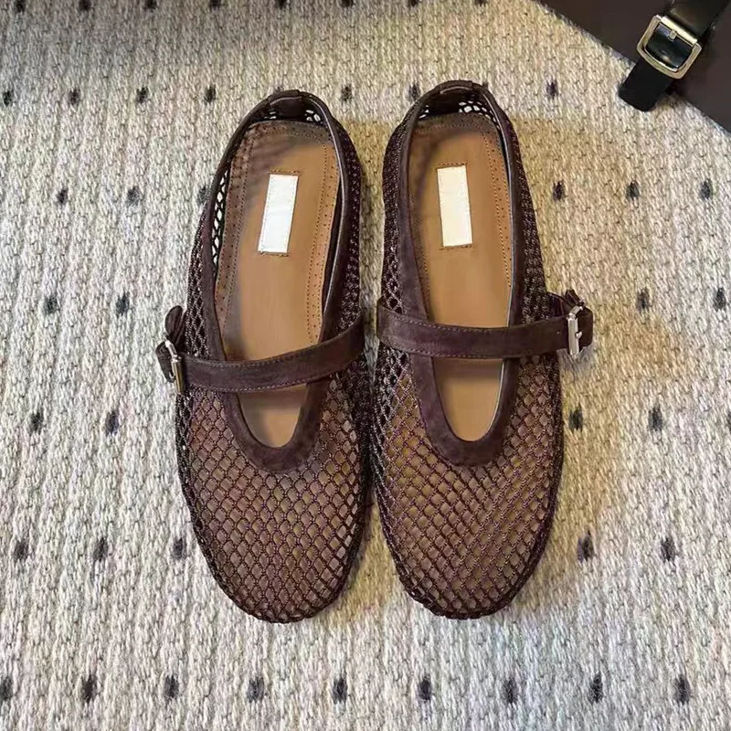 Designer Brand Original Frosted Suede Fishing Net Ballet Shoes Women's Breathable Mesh Shoes Hollowed Out Mary Jane Shoes