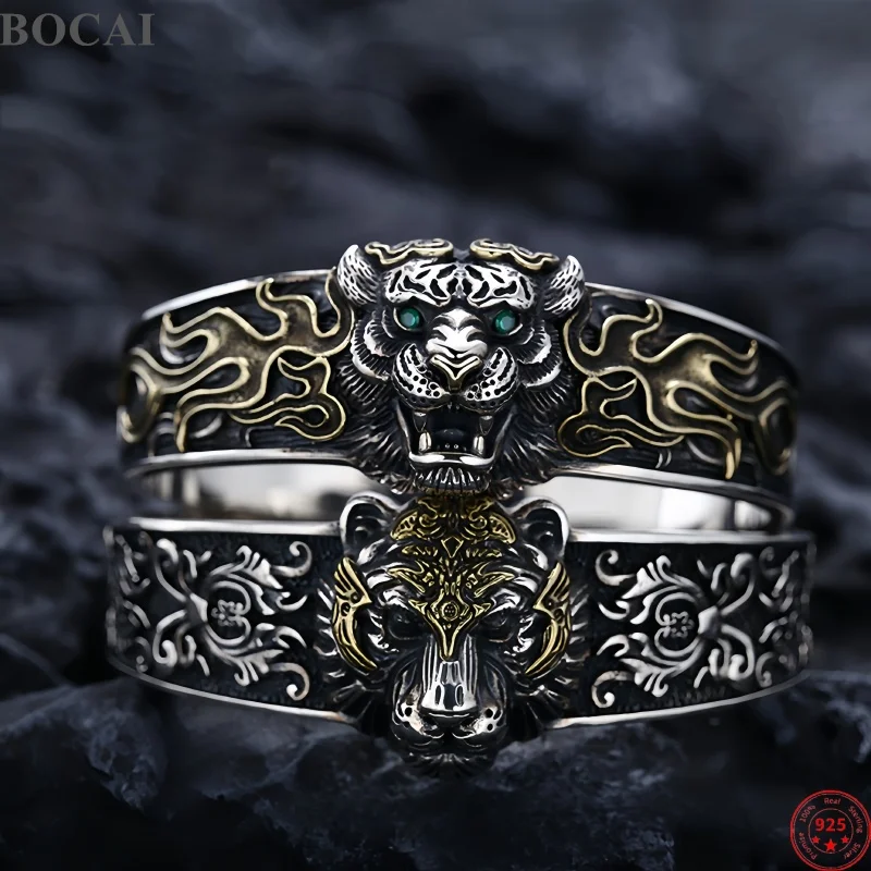 BOCAI New S925 Sterling Silver Charms Bracelets for Men Antique Tiger Head Pattern Fashion Punk Wide Bangle Fine Choice Jewelry