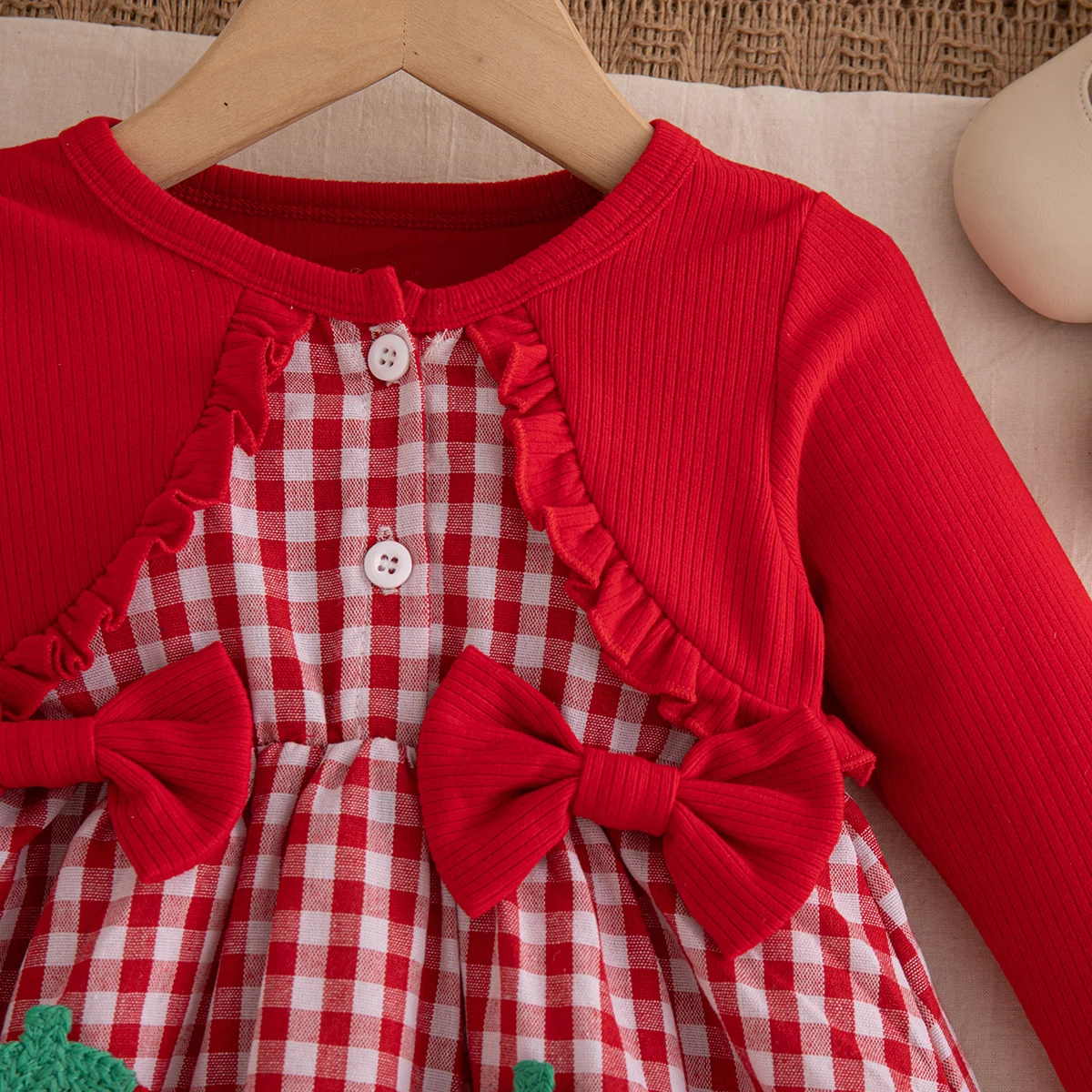 Frühling Herbst Baby Mädchen Rotes Kariertes Kleid mit Erdbeer-Stickerei und Schleife Langarm-Kleid für Mädchen Festliche Partykleidung – Detail 6
