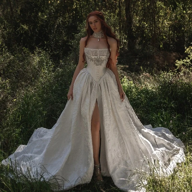 Customized Dignified Graceful Luxury A-Line Lace Applique Wedding Dresses  Sleeveless Side High Split Temperament Bridal Gown