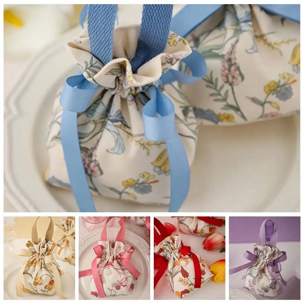 Tope Handle Canvas Drawstring Bag Floral Korean Style Bowknot Handbag Jewerly Packing Bag Coin Purse Wallet Flower Wrist Bag