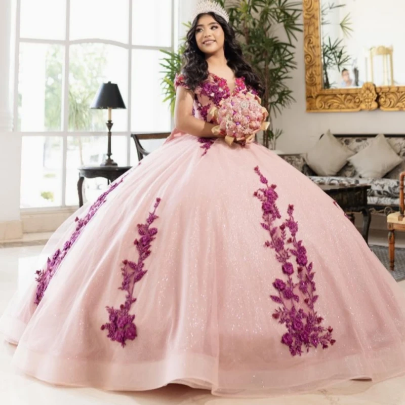 

Pink Shiny Quinceanera Dresses Off The Shoulder Applique Lace Beading Tull Party Birthday Sweet 16 Dress Vestidos 15 Anos