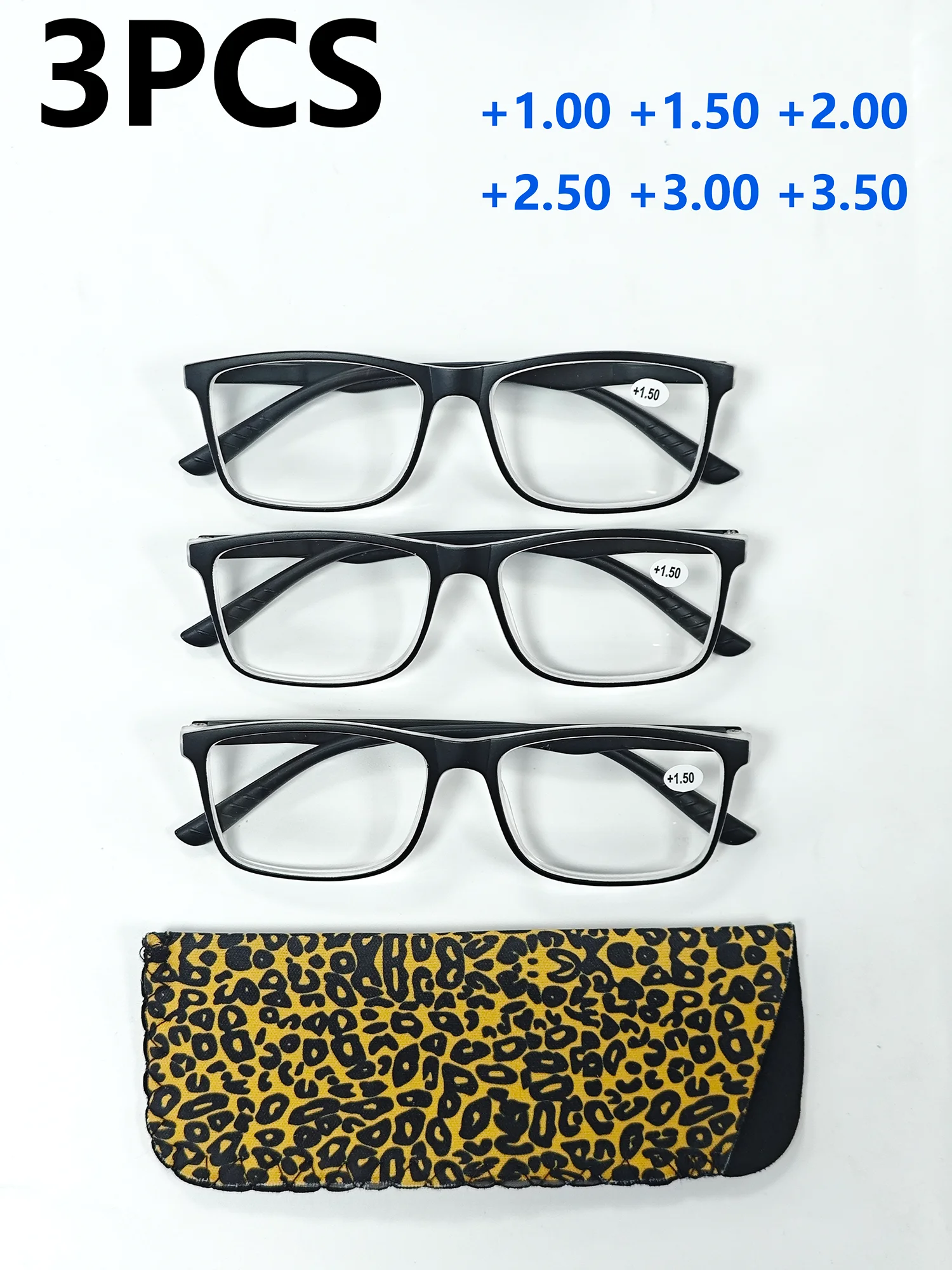 

3PCS Simple Square Frame Reading Glasses Lightweight Comfortable Spring Hinges No Pinching Head