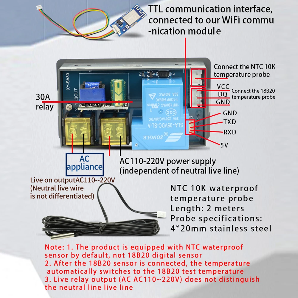 Lampu Latar Digital Layar LCD Termostat Cerdas Pengontrol Suhu Presisi Tinggi Relai 30A Bawaan dengan Pendingin Pemanas