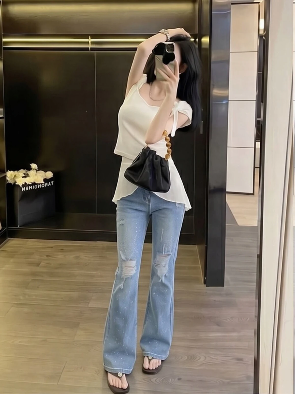 

Light Blue High Waist Slimming Denim Bell Bottoms Women's Summer Straight Leg Jeans Casual Style Distressed Zipper Closure