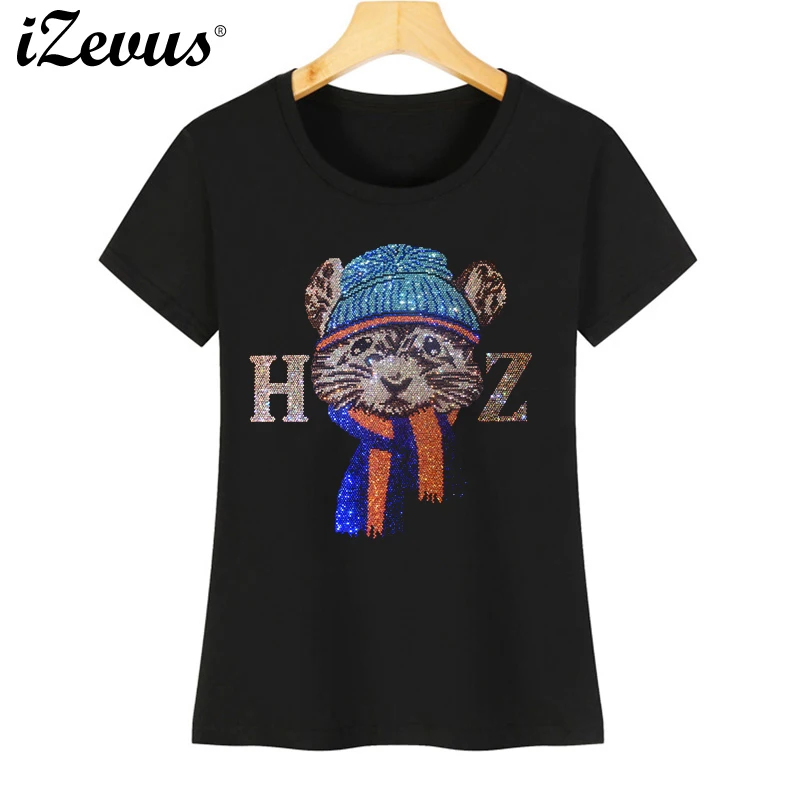 Hot sale high quality women's summer casual T-shirt new net red creative mouse figure flash diamond ladies T-shirt