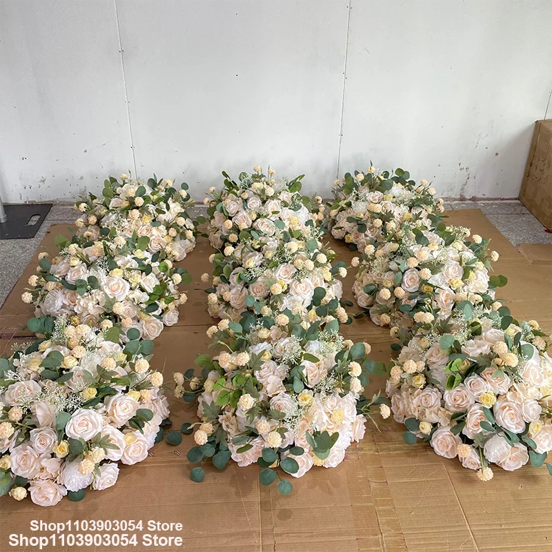 Champagnerrosa-grüne Kunstblumenanordnung, luxuriöser Hochzeitstischläufer, Rosenblumenreihe, Hochzeitshintergrund, Partydekoration – Detail 8