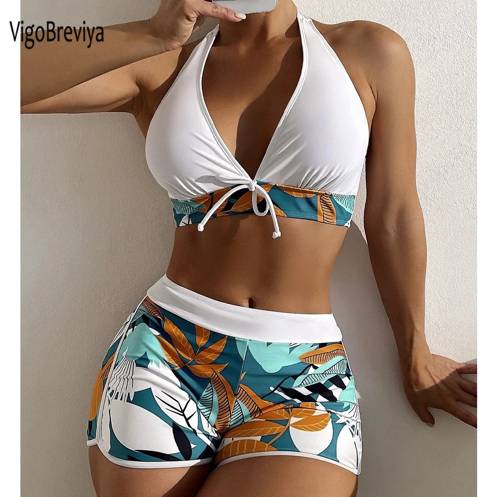 VigoBreviya 2024 Print Tied Halter Swimwear Women Sexy High Waist Push UP Shorts Bikini Set Swimsuit Backless Beach Bathing Suit