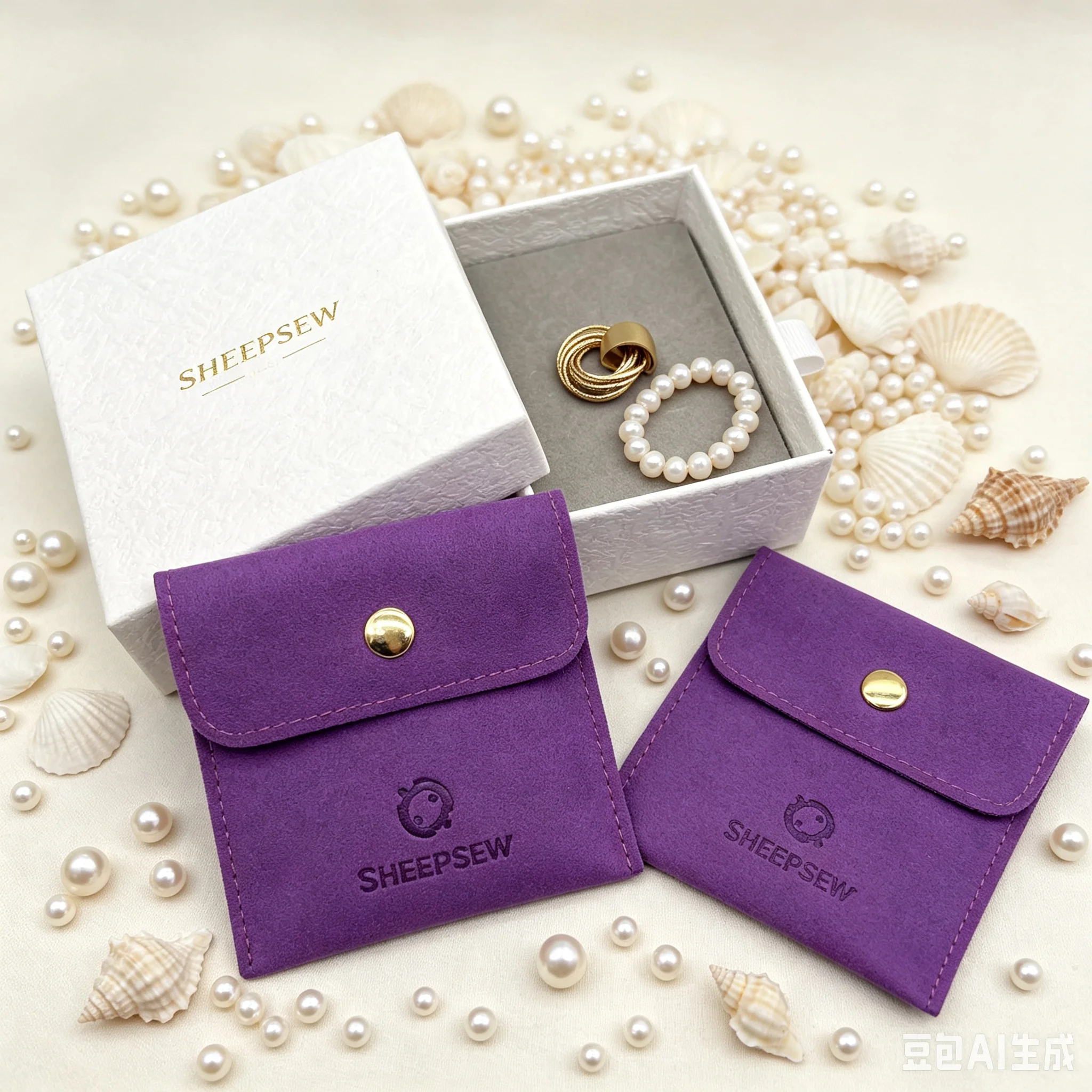 SheepSew Hot Selling Purple Custom Emboss Deboss Logo Microfiber Suede Button Flap Jewelry Pouch Portable Small Packaging Bag Fo