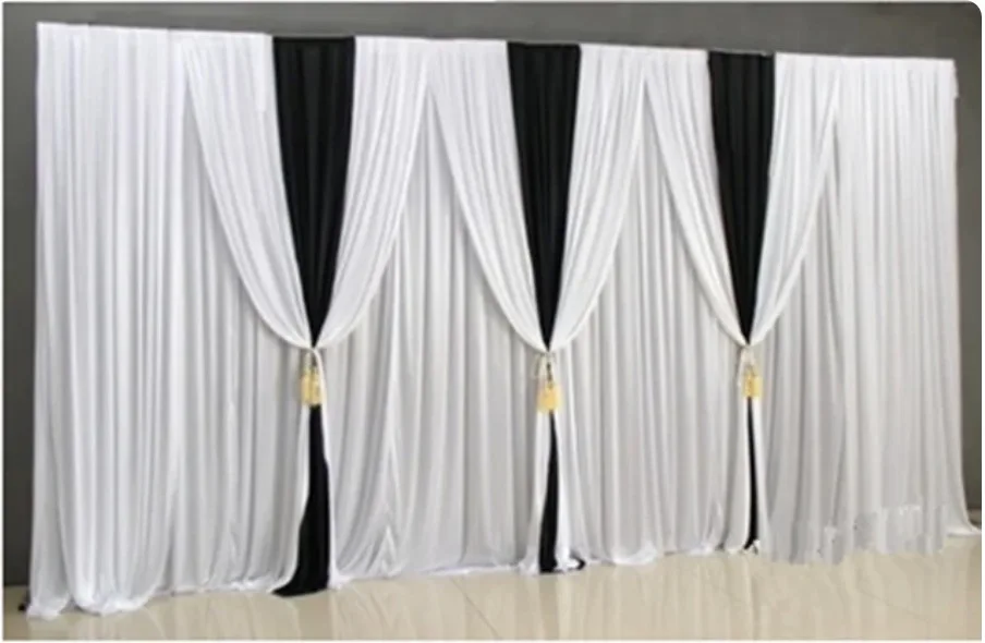 

Custom White Backdrop Curtain With Gold Swags Wedding Background Stage Party Event Meeting Hanging Panels Church Decorations