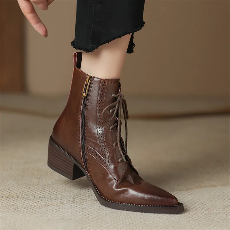 2023 Autumn Split Leather Women Boots Pointed Toe Chunky Heel Boots for Women Fashion Ankle Boots Winter Boots Zapatos De Mujer