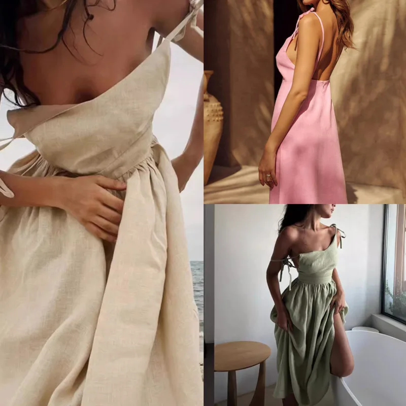 

French Vacation Style Sexy Cotton Linen Strapping Backless Suspender Dress Summer Pure Desire Slim High Waisted Women Long Skirt