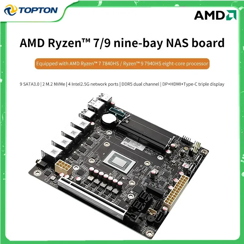 

AMD Ryzen 7 8845HS 9 7940HS 9-Bay NAS Motherboard USB4 4xi226-V 2.5G LAN 9xSATA3.0 2xM.2 NVMe PCIE X16 2xDDR5 17X17 ITX Firewall