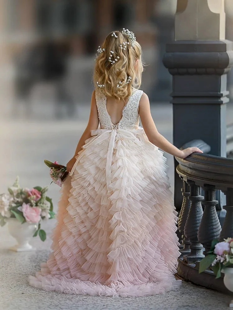 White Pink Flower Girl Dresses Tulle Lace Appliques Tiered With Tailing Sleeveless For Wedding Birthday Banquet Princess Gowns