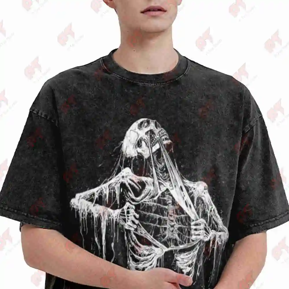 Gothic Torn White Skull Welcome To My Mind Vintage Washed Tee Pure Cotton T-Shirt