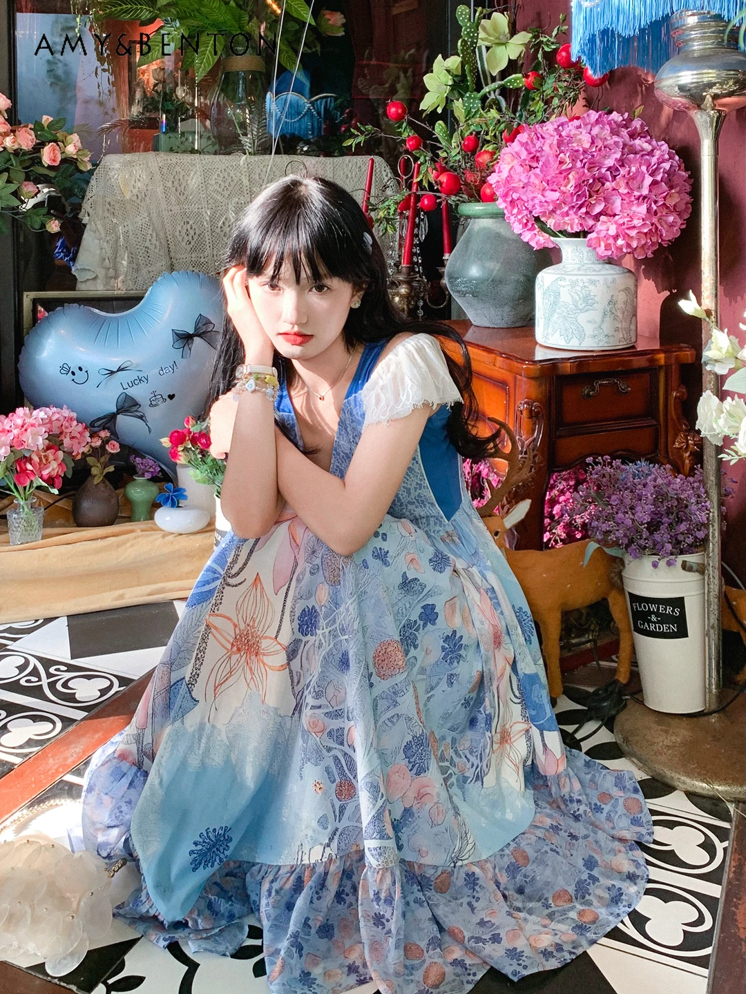 

2025 Summer New Lace Patchwork Irregular Dress with Small Flutter Sleeves Slim Fit High Waist Floral Print Long Dress