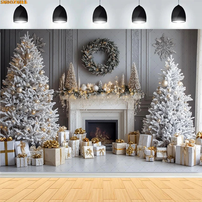 

Christmas Day Wreath Family New Year Party Photography Backdrops Prop Window Living Room Xmas Tree Gift Snow Background WD-12