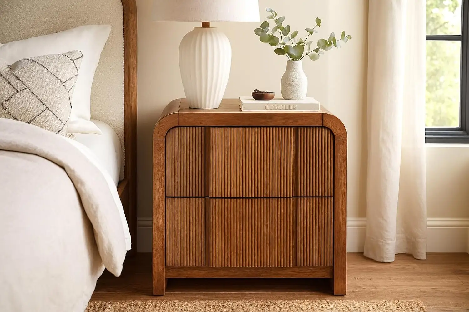 Art Deco Nightstand Solid Wood Fluted Drawer Arched Shape 26