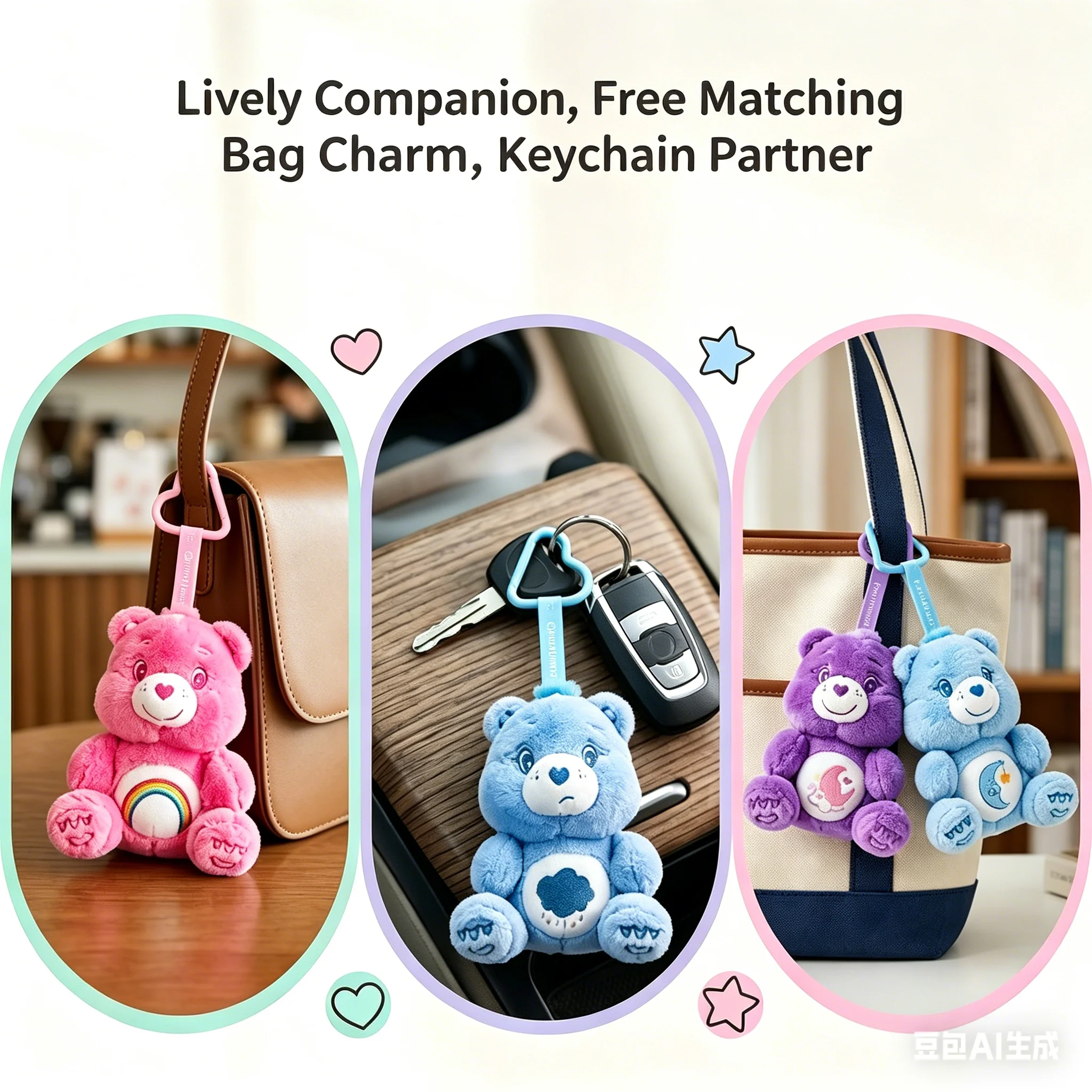 Care Bears Sitting Plush Keychain 12cm Macaron Series Cute Bag Pendant Kawaii Stuffed Toy Car Charm Ideal Valentine Couple Gift