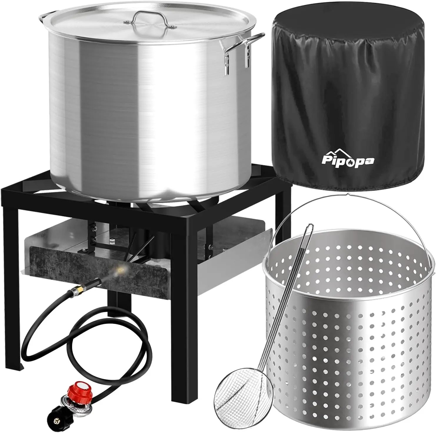 

Seafood Boiling Kit | Dustproof Cover & 16" Skimmer Included 110,000BTU Propane Jet Burner | 0-20 PSI CSA Certified Regulator |