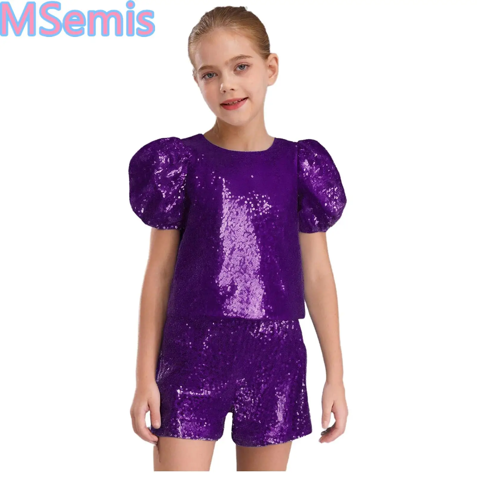 

Kids Girls Jazz Dance Sets Short Puff Sleeves Shiny Sequins Top with Shorts for Cheerleading Performance Competition
