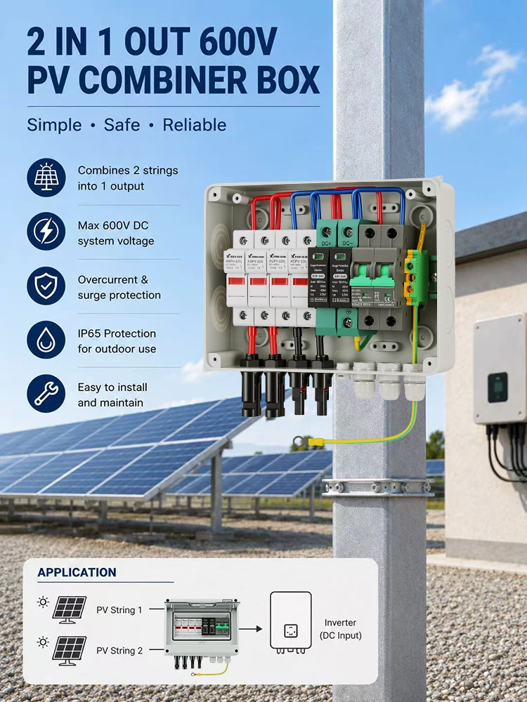 Solarna fotowoltaiczna łącznik fotowoltaiczny z przewodem uziemiającym Ochrona odgromowa 2 wejścia 1 wyjście DC 600 V Bezpiecznik MCB SPD Wodoodporna skrzynka IP65 — zdjęcie 2