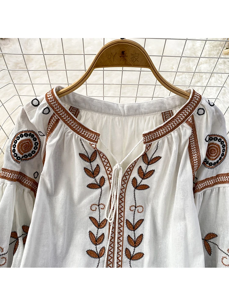 Women Spring Blouse Vintage Ethnic Style Long Sleeve Round Neck Loose Embroidered Cotton Linen Pullover Shirt Casual Top