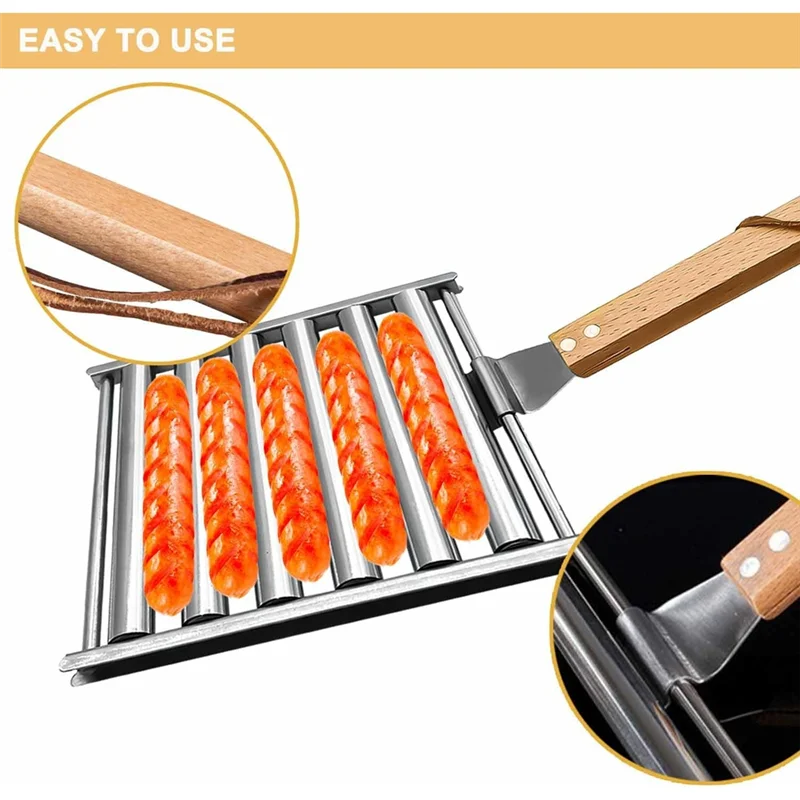 GOOD-2Pcs هوت دوج الأسطوانة للشواية السجق الأسطوانة الرف مع مقبض الخشب شواء هوت دوج شواء للكلاب الساخنة المطبوخة بالتساوي