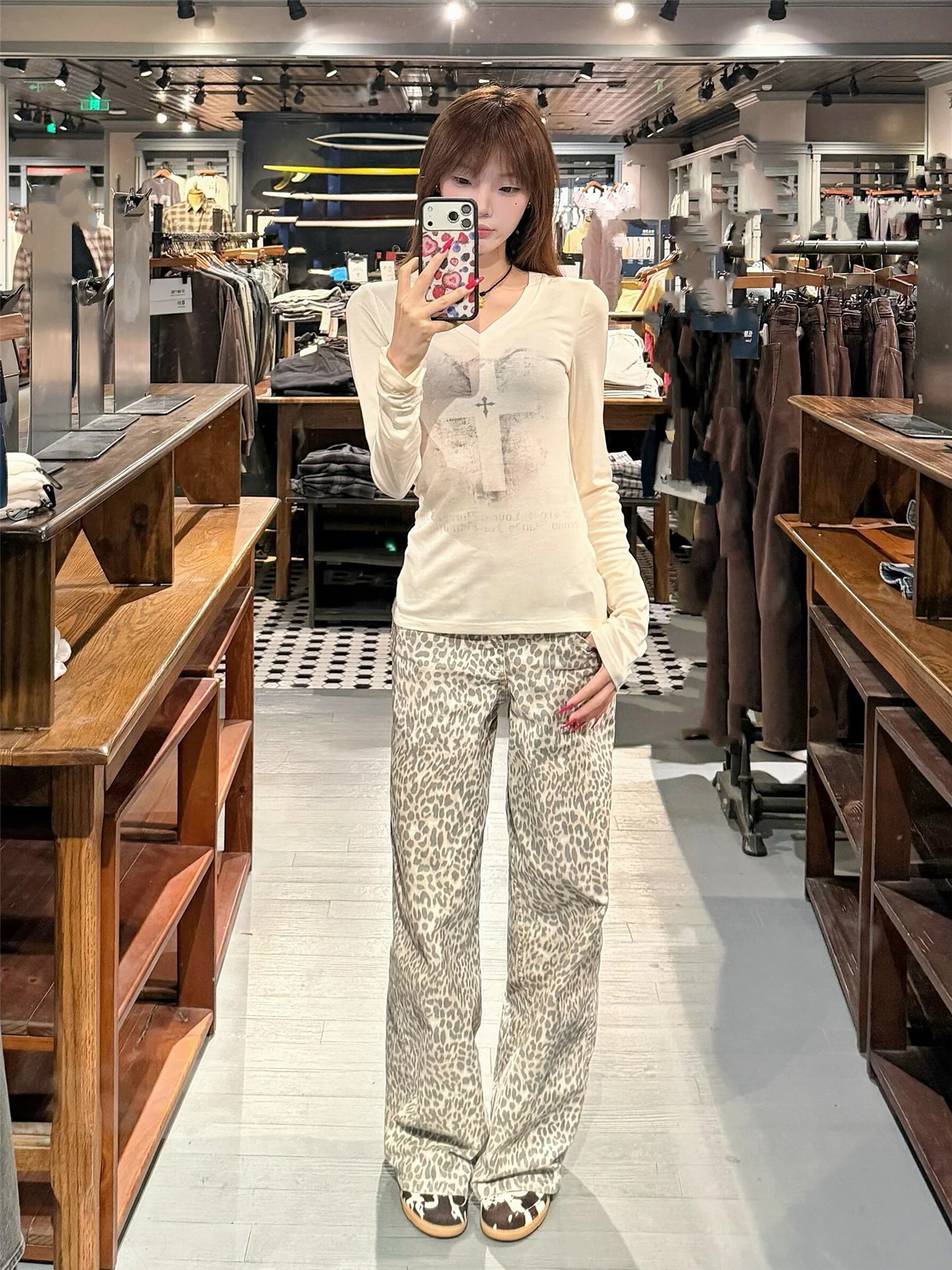

American Vibe Leopard Print High Waist Jeans Women's Spring Summer Long Design Slimming Tall Extended Leg Width Pants