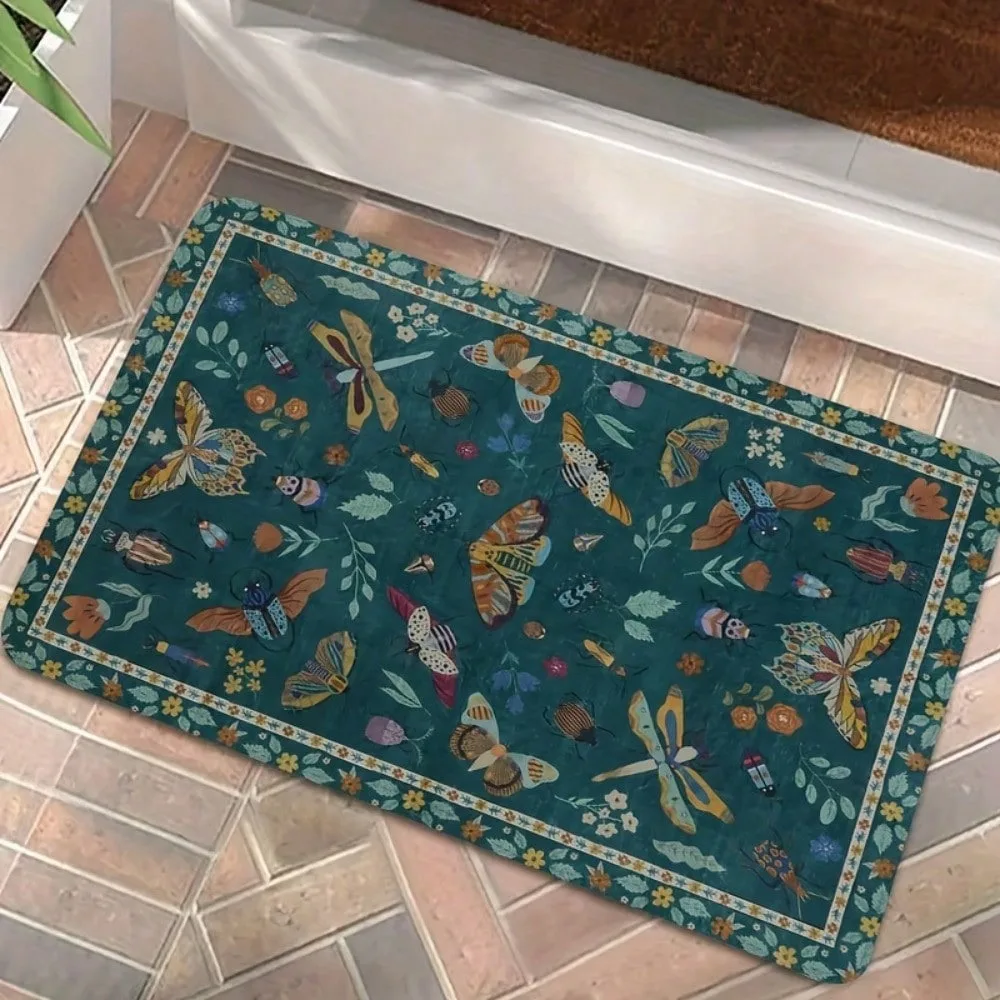 

1pc Vintage Butterfly Doormat Floral Insect Non-Slip Floor Mat Botanical Absorbent Rug for Kitchen Bathroom Entrance Home Decor