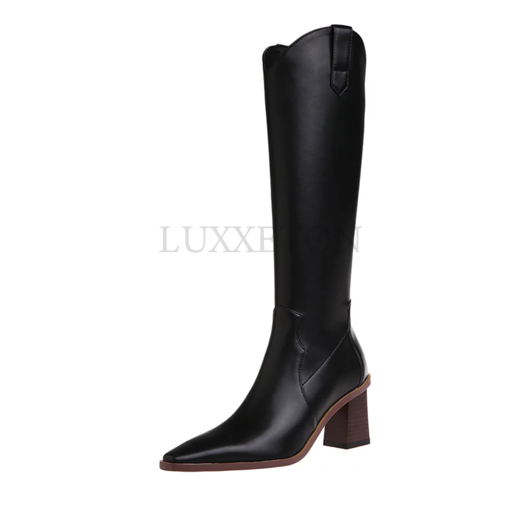 Women's Western Cowboy Boots Thick Heel V-Mouth Boots Women's Boots Retro High Rider Boots Pointed Brown Long Knee Boots