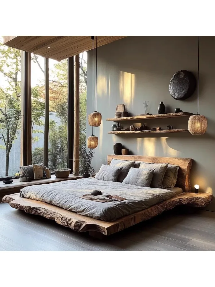 Wabi Sandy Wind Homestay سرير مزدوج من الخشب الصلب، سرير أرضي، غرفة نوم منزلية رئيسية أثاث بيئي أصلي 1.8 متر
